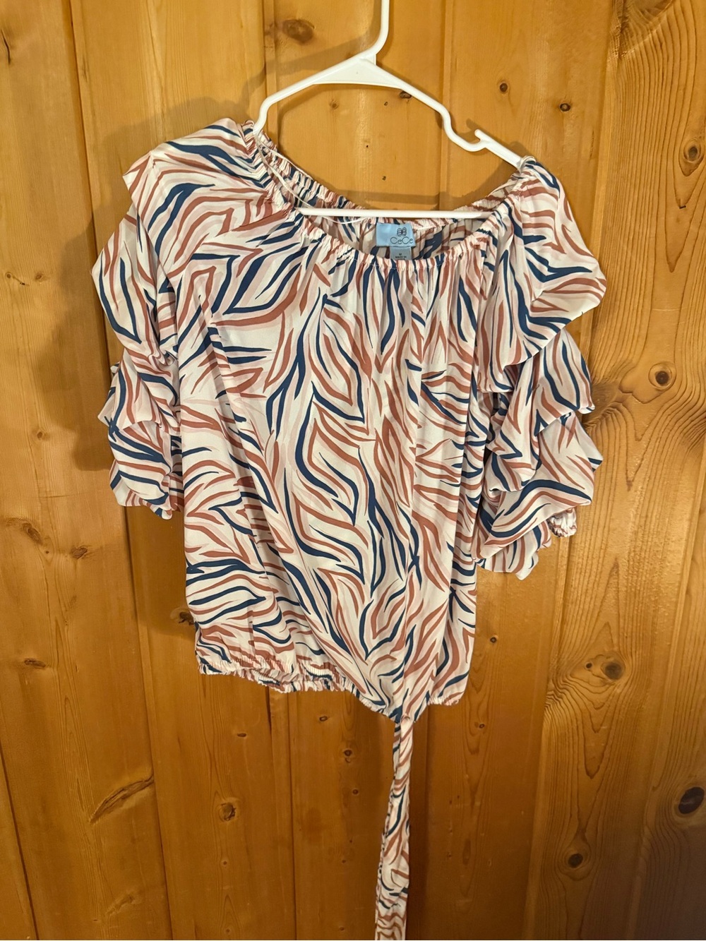 CeCe Cream Blouse with Blue and Rust Wave Print